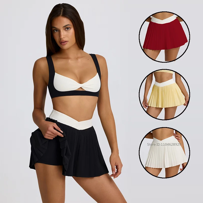 Women New Tennis Skirt with Shorts High Waist Cross Running Skirts Ladies Contrast Color Sports Culottes Workout Yoga Bottoms