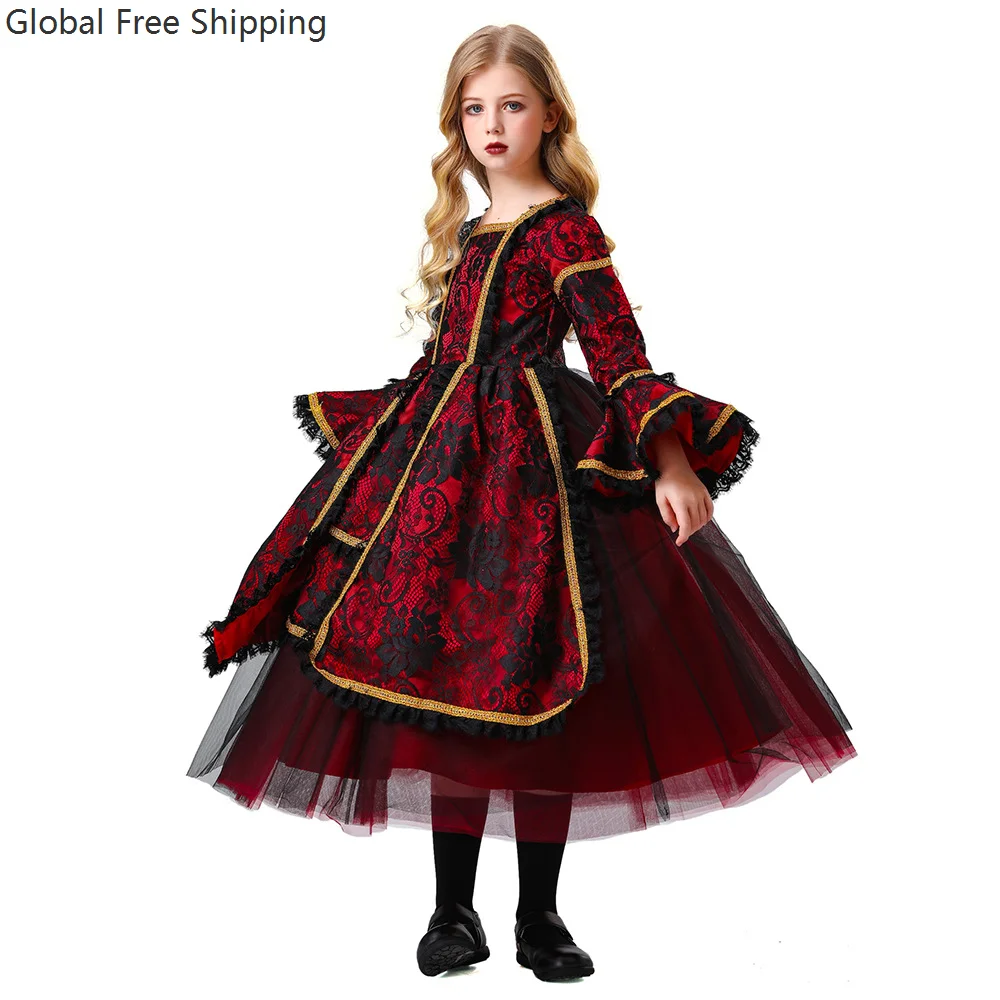 

Children's Halloween Party Queen Devil Costume Gothic Style Girl Role Play Vampire Medieval Court Skirt Stage Performance Dress
