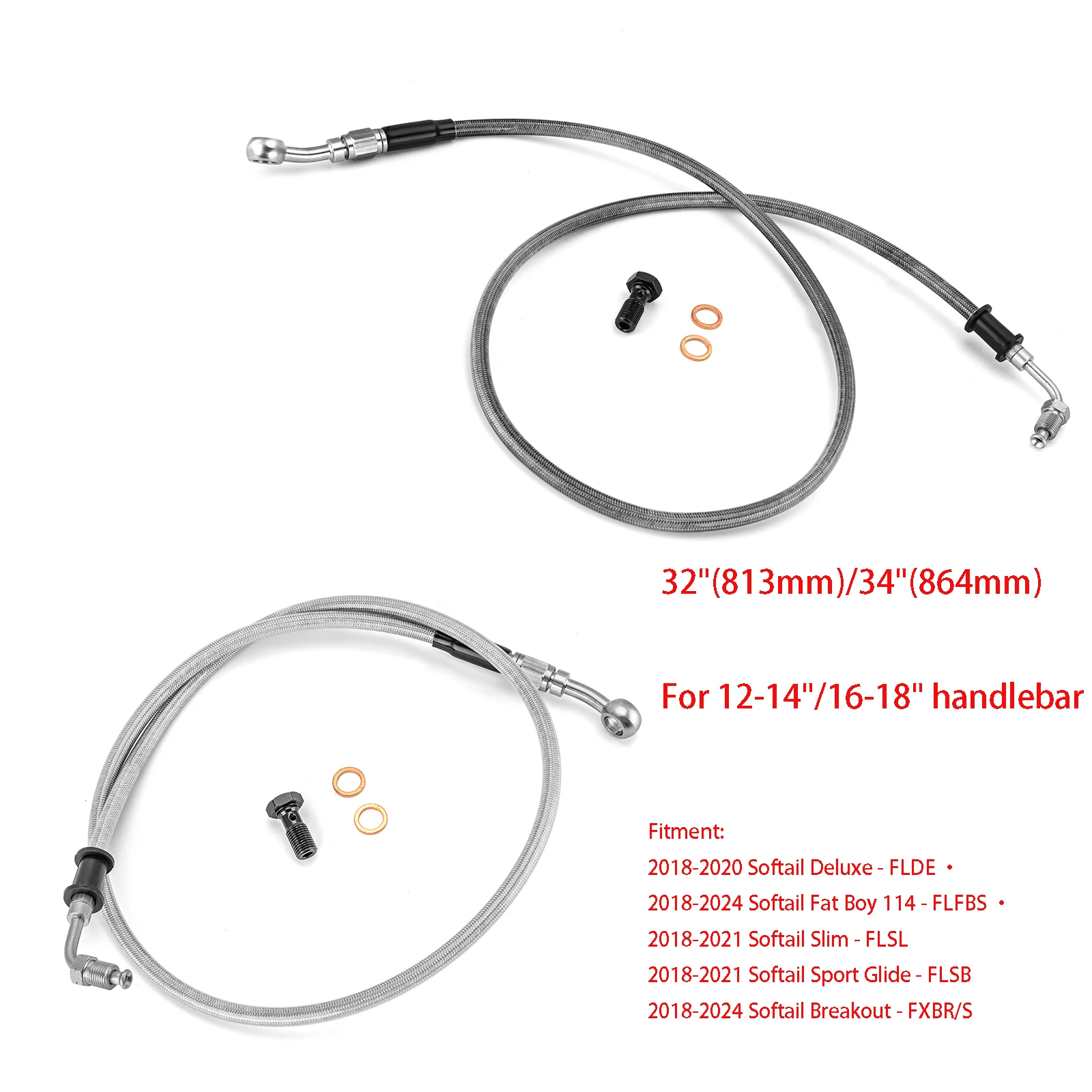 For 2018+ Softail Deluxe Fat Boy Sport Glide Breakout Extended Length Stainless Steel ABS Upper Hydraulic Front Brake Line Kit