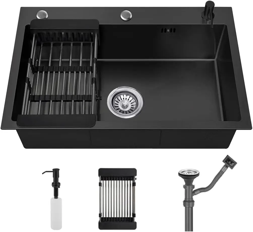 

Topmount Drop In Kitchen Sink with 3 Holes Stainless Steel Single Bowl Sinks Basin With Drain basket & Soap dispenser (Black, 19
