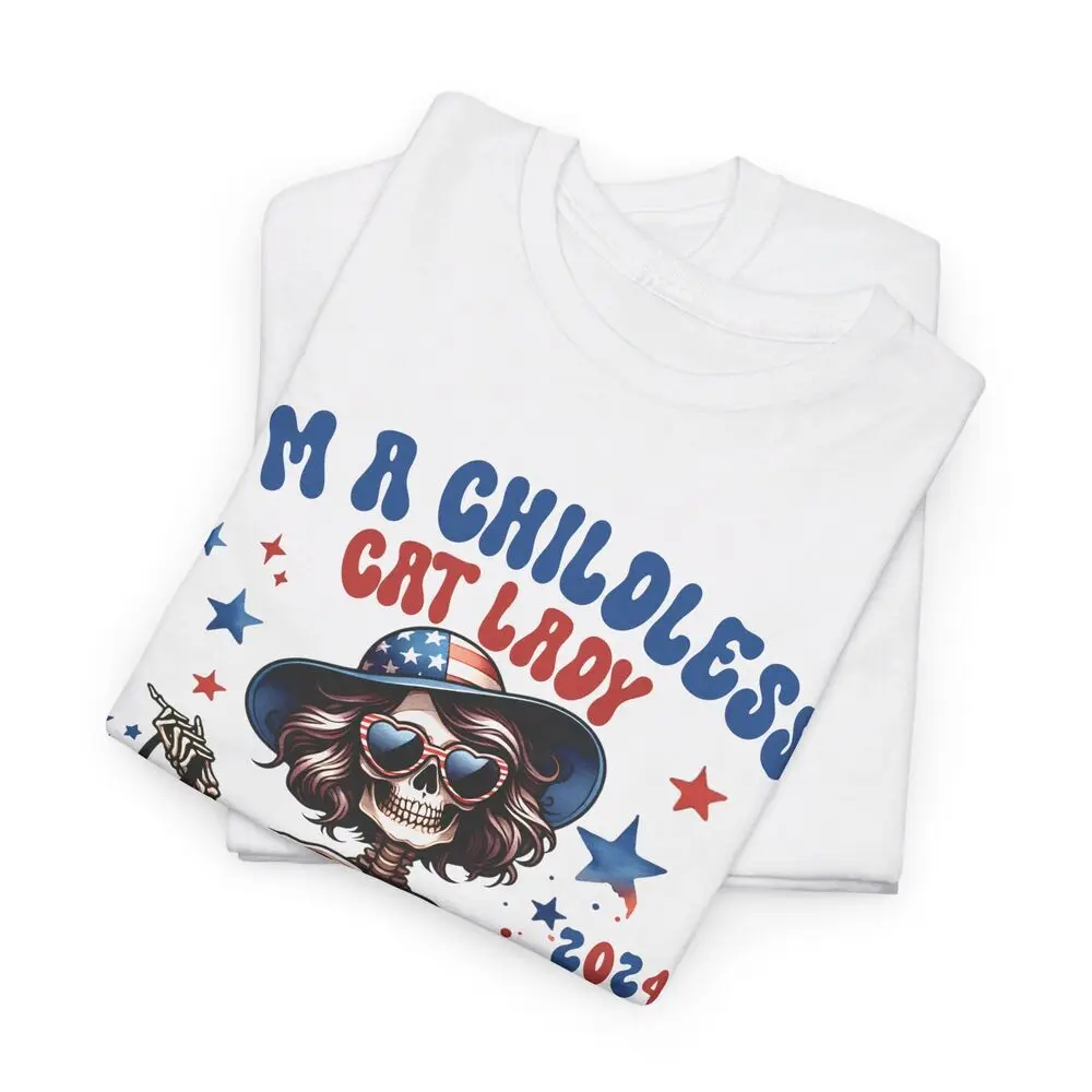 Ik ben kindeloze kat dame stemmen voor Kamala grappig skelet Halloween katoenen T-shirt