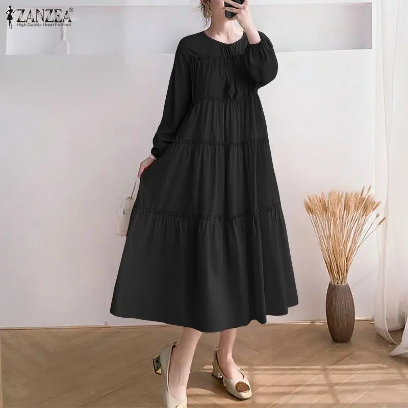 ZANZEA-vestido camisero largo para mujer, vestido veraniego liso con volantes de manga larga, moda de retazos con cuello redondo, Vestidos de fiesta, bata de gran tamaño 2026