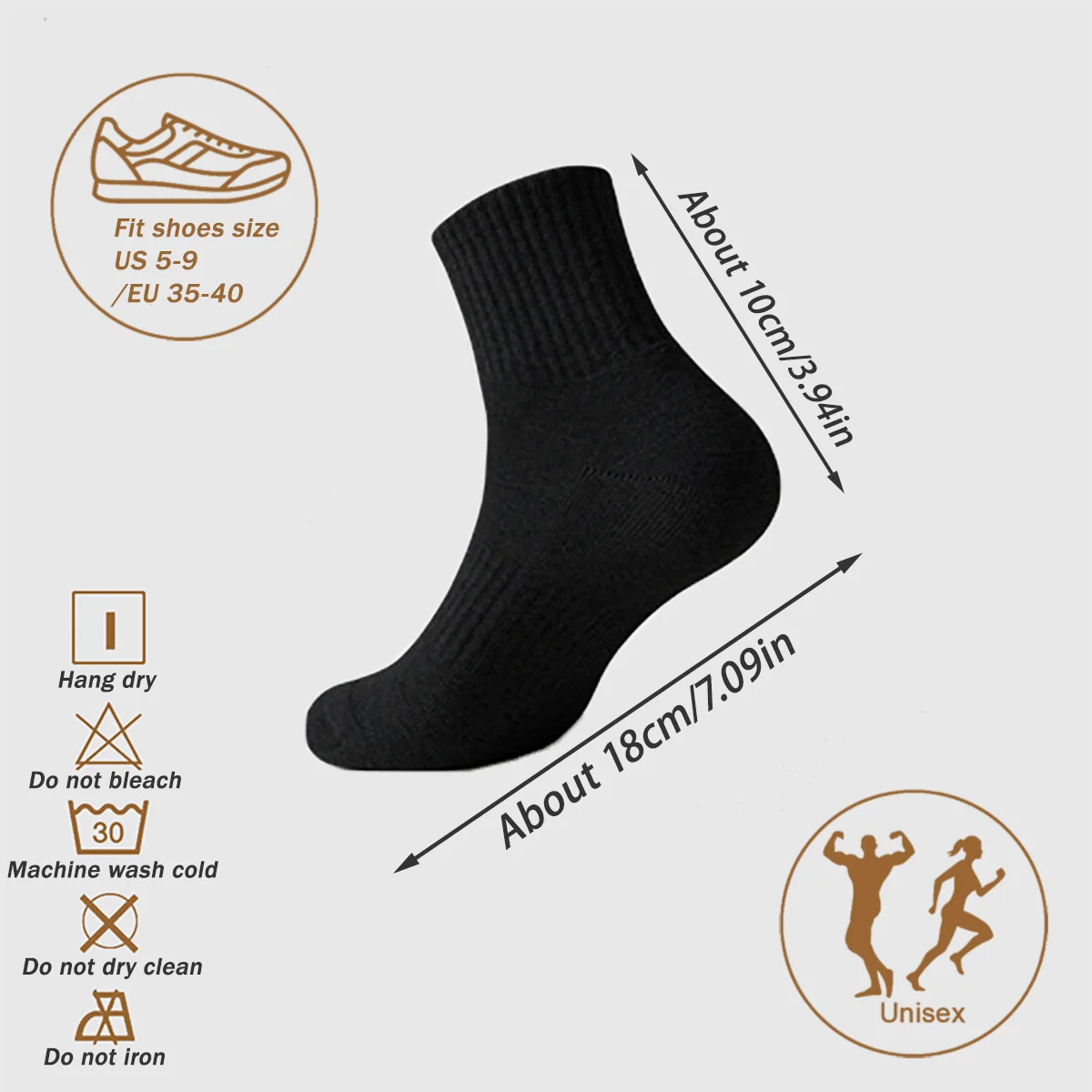 5 Pairs Women and Men Black & White Crew Athletic Socks Cushion Running Work Sports Socks Solid Casual Soft Breathable Socks