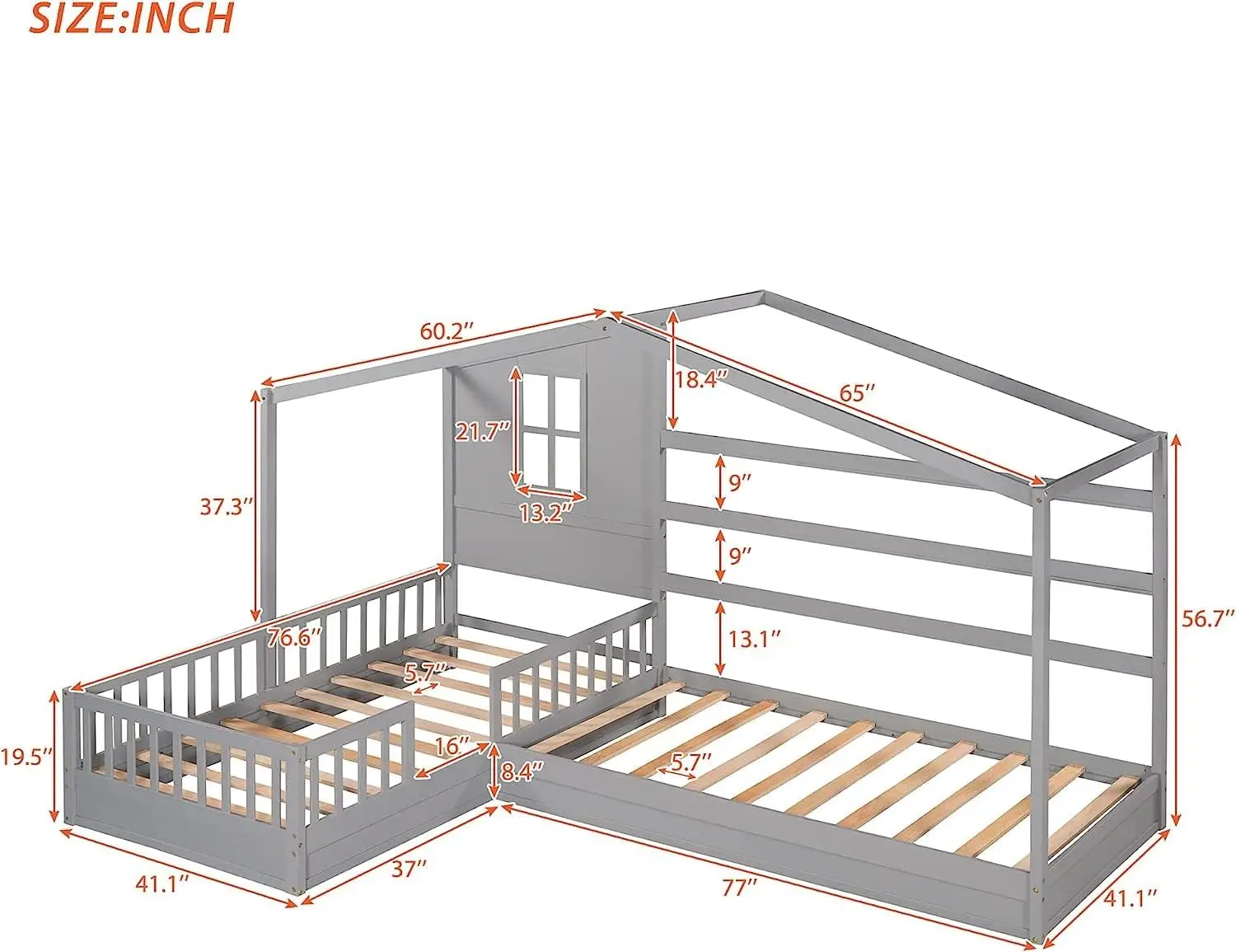 House Bed With Double Twin Beds, Wood L-Shaped 2 Twin Platform Beds With Roof ,Window,Fence And Slatted Design, Corner