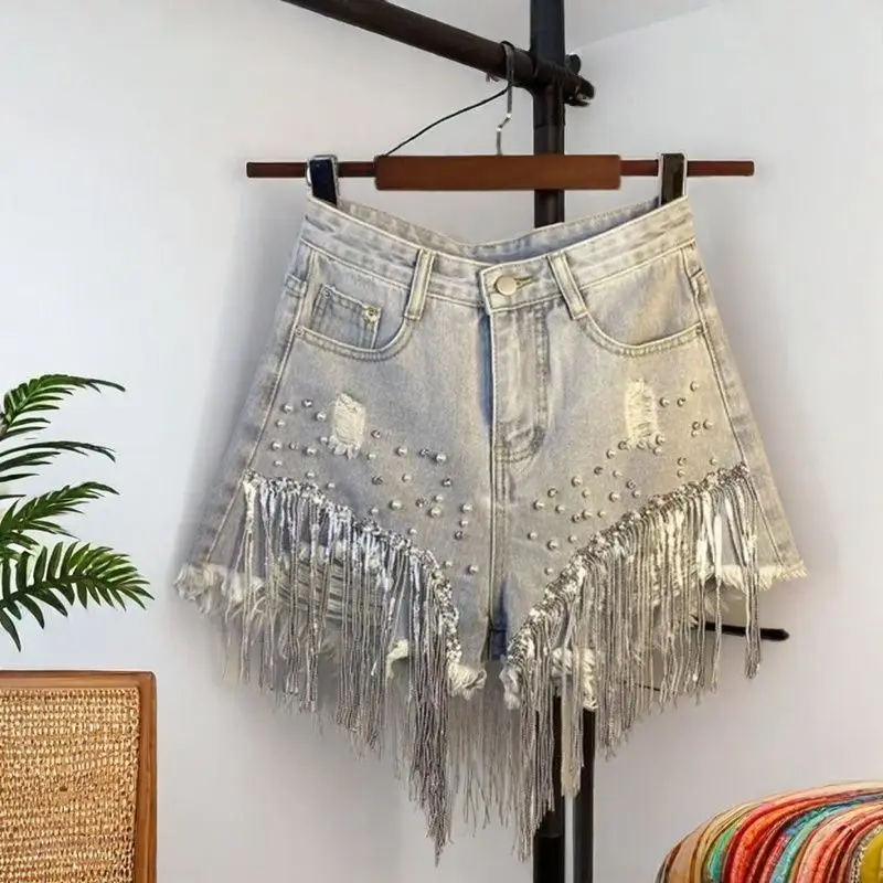 

Denim shorts women's summer 2025 versatile and thin heavy industry diamond fringed wide leg a word hot pants tide