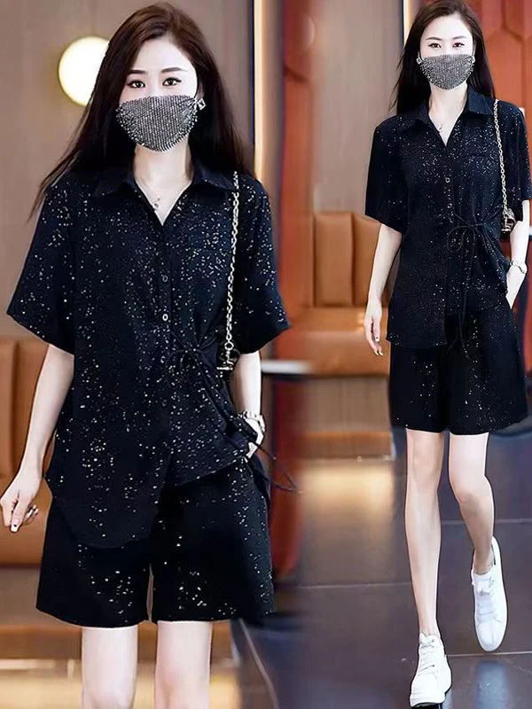 

Shiny Sequin Summer Slim Fit Short Sleeve Women's Set plus Size Fashionable Two-Piece Suit Design Sensation Slimming Short Sl...