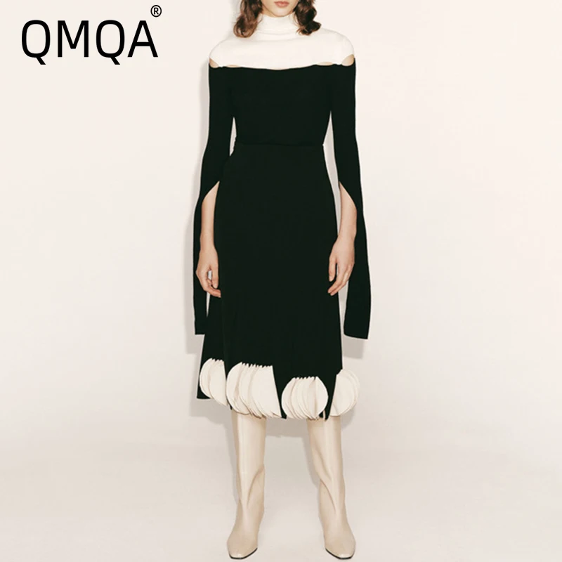 QMQA Fashion Women's Elegant Slim 2 Piece Set Split Long Sleeve Hollow Out Top High Waist Spliced Skirt Contrast Set 2025 1A962