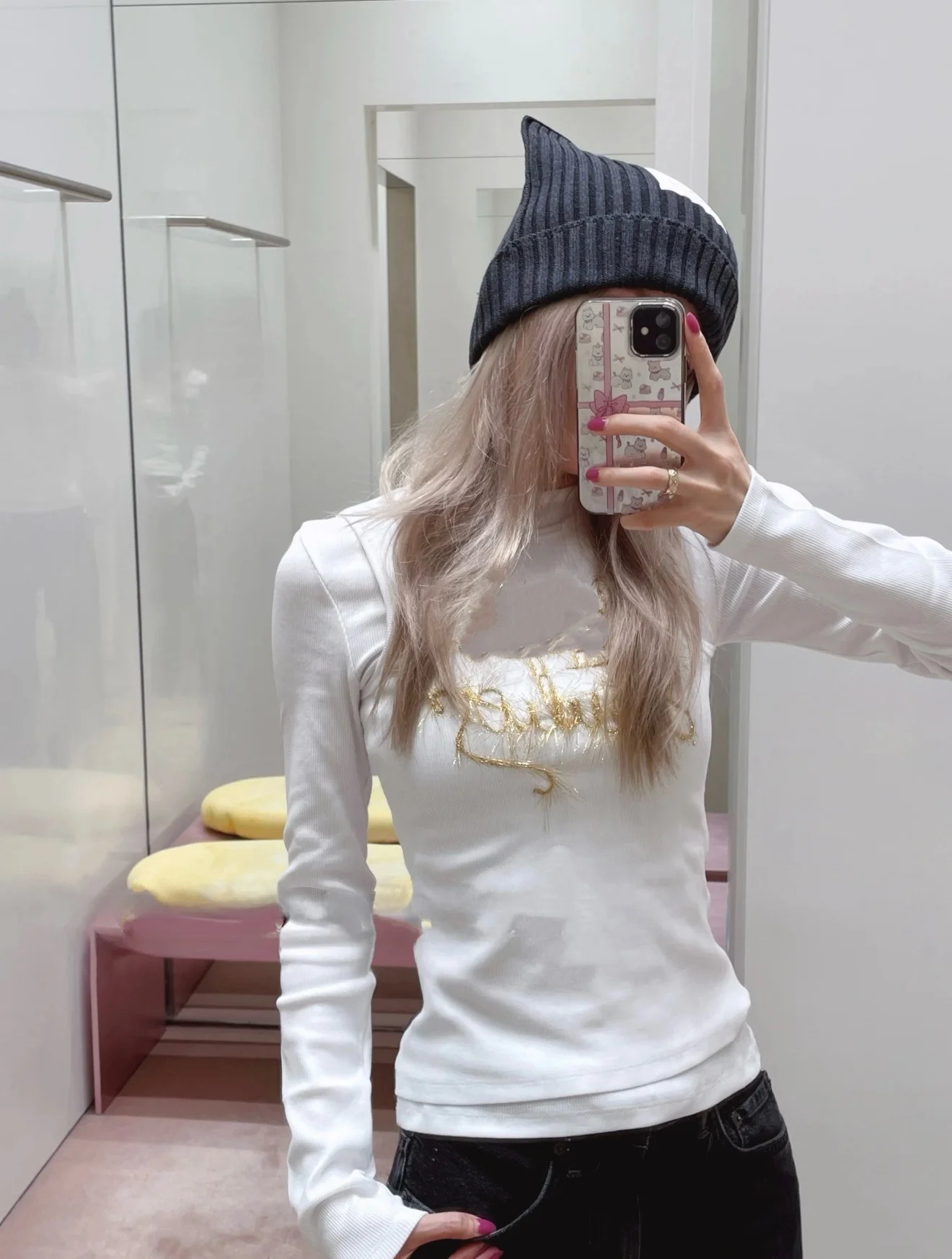 

White Long Sleeve T-Shirt Embroidered Metal Logo Slim Fit Letter Print Base Shirt Top Casual Style round Neck Regular Length