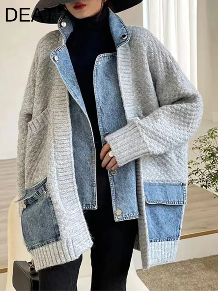 DEAT Fashion Women\'s Fake 2 Pcs Sweater Coat Denim Spliced Single Breasted Pockets Loose Warm Jackets Winter 2024 New 7I0784