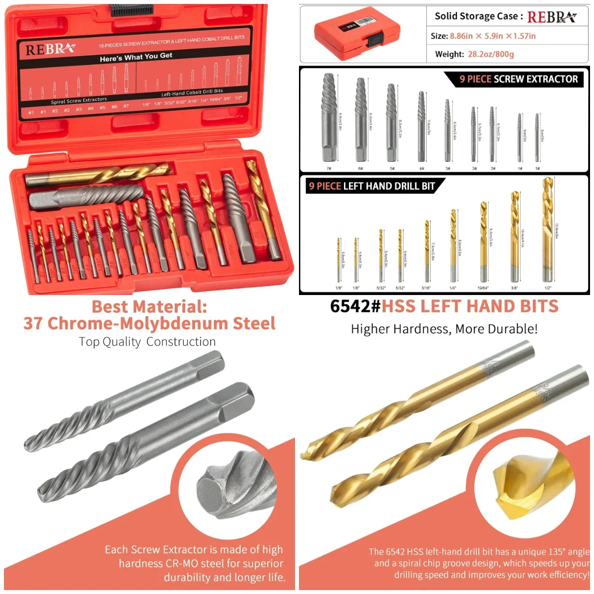 

Screw Extractor Set, 37# Cr-Mo & 6542 HSS Cobalt Left-Hand Drill Bits, 18-Piece Broken Bolt Remover for Stripped, Rounded, Damag