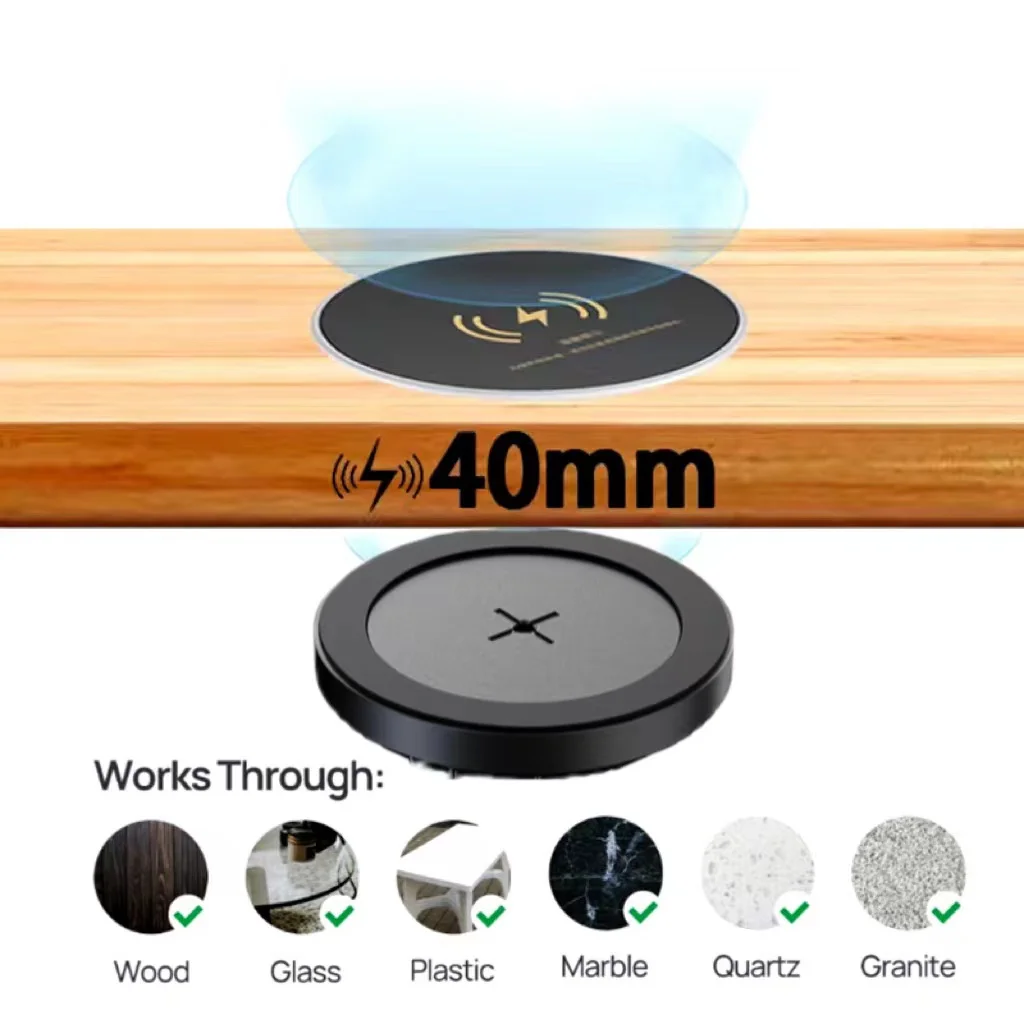 40mm Under Counter Charger Furniture Table Nightstand Wireless Charging Station for iPhone 15/14/13/12/11/X/8 Induction Charger