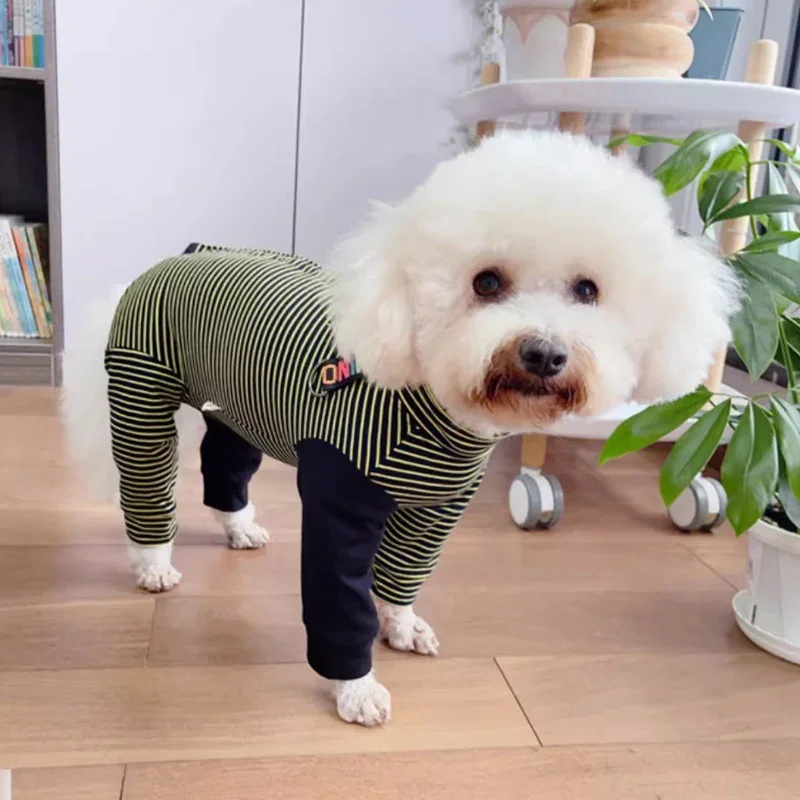 Retro Simple Splicing Color Pet Dog Clothes Fashion Stripe Cotton Thin Jumpsuits Hoody For Small Medium Dog Poodle Puppy Outfits