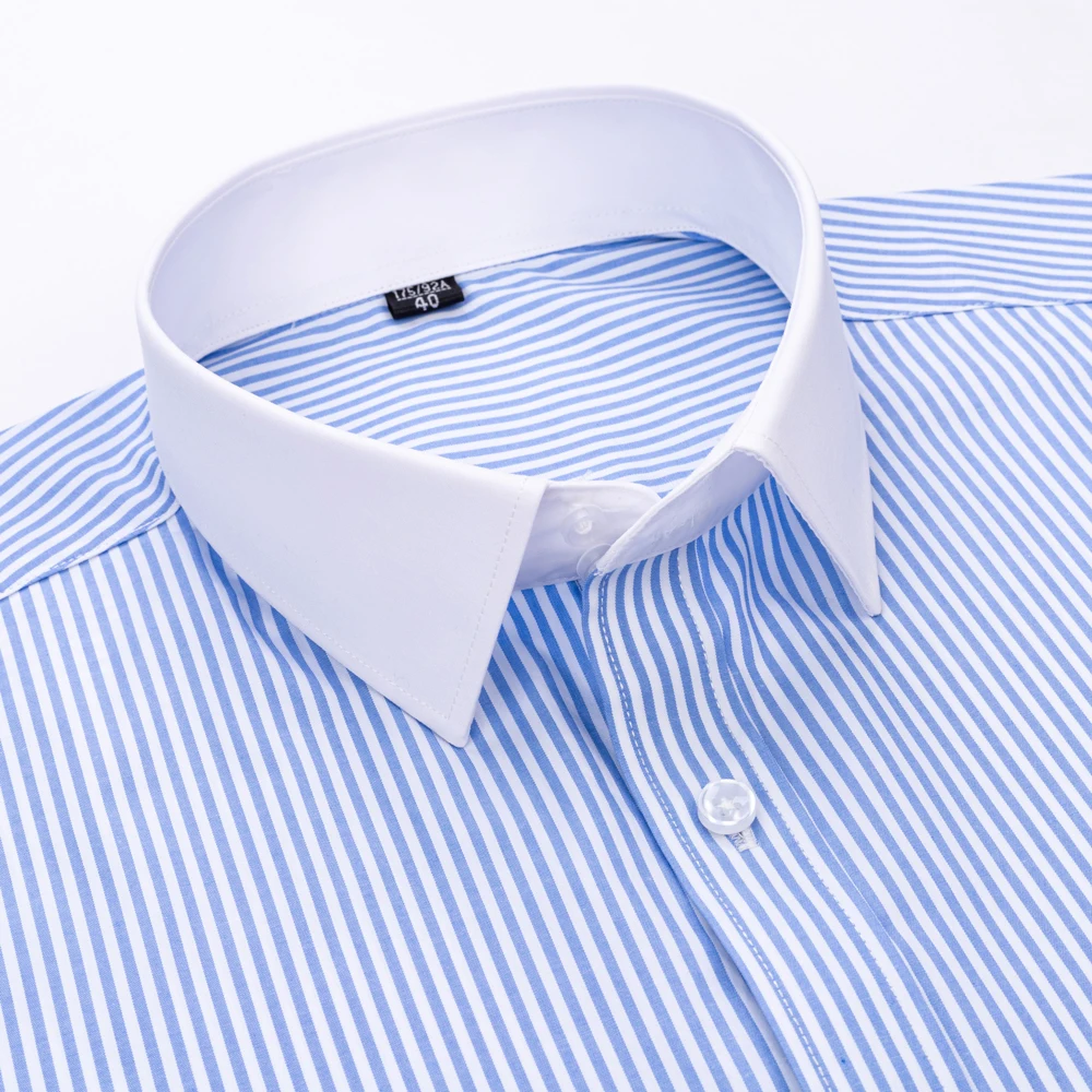 Men's Spread Collar French Cuff Striped Dress Shirt with Contrast Collar, Business Long Sleeve Shirt Free Random Metal Cufflinks