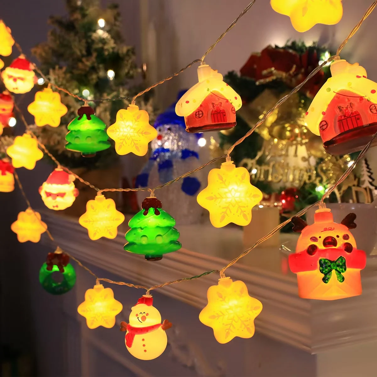 Battery Powered Festive Mixed Xmas Character String Lights, Snowflake, Cabin & Xmas Tree LED Lamp for Holiday Wall & Table Decor