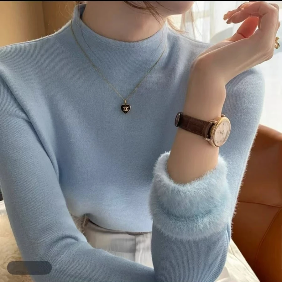 White Knitted Fleece Lined Half High Collar Sweater Women's Fashion Autumn Winter Inner Wear Base Shirt Integrated Fleece Top