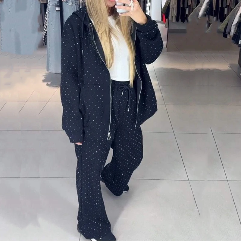 Fashion Rhinestone Sweatshirt Outfit Casual Women Zipper Coat and Long Pants Sports Suit Autumn Long Sleeved Loose Two Piece Set