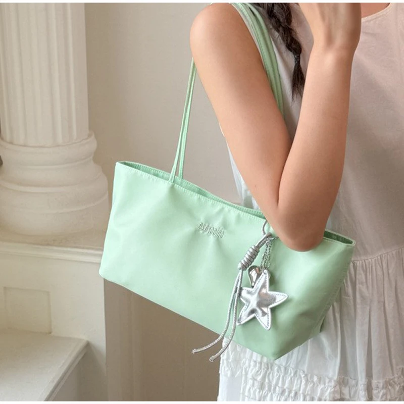 Kawaii Yellow Green Satin Shoulder Bag Ladies Silver Star Pendant Decor Long Handle Small Tote Purse Summer Daily Travel Handbag view 2