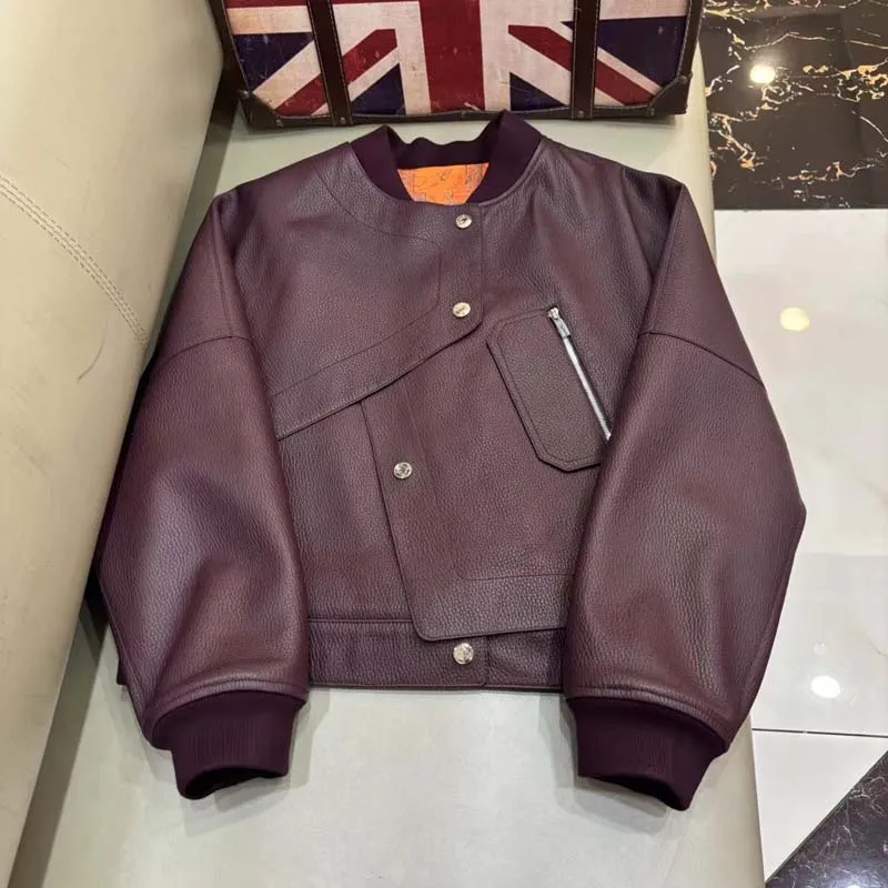 genuine leather jacket 2026 new women coat spring Litchi-patterned sheepskin coat short length high quality o-neck collar