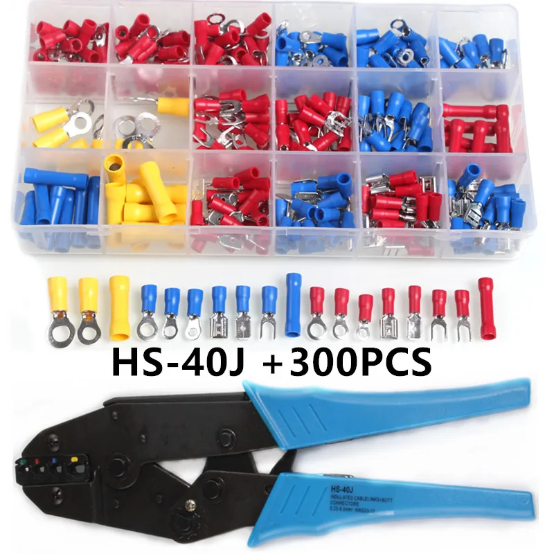 300PCS HS-40J Insulated Cable Connector Electrical Wire Assorted Crimp Spade Butt Ring Fork Set Ring Lugs Rolled Terminals Kit