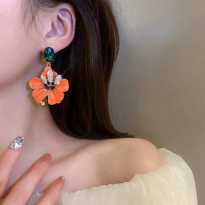 FYUAN Korean style Orange Enamel Flowers Drop Earrings for Women Girls Green Crystal Dangle Earrings Party Jewelry