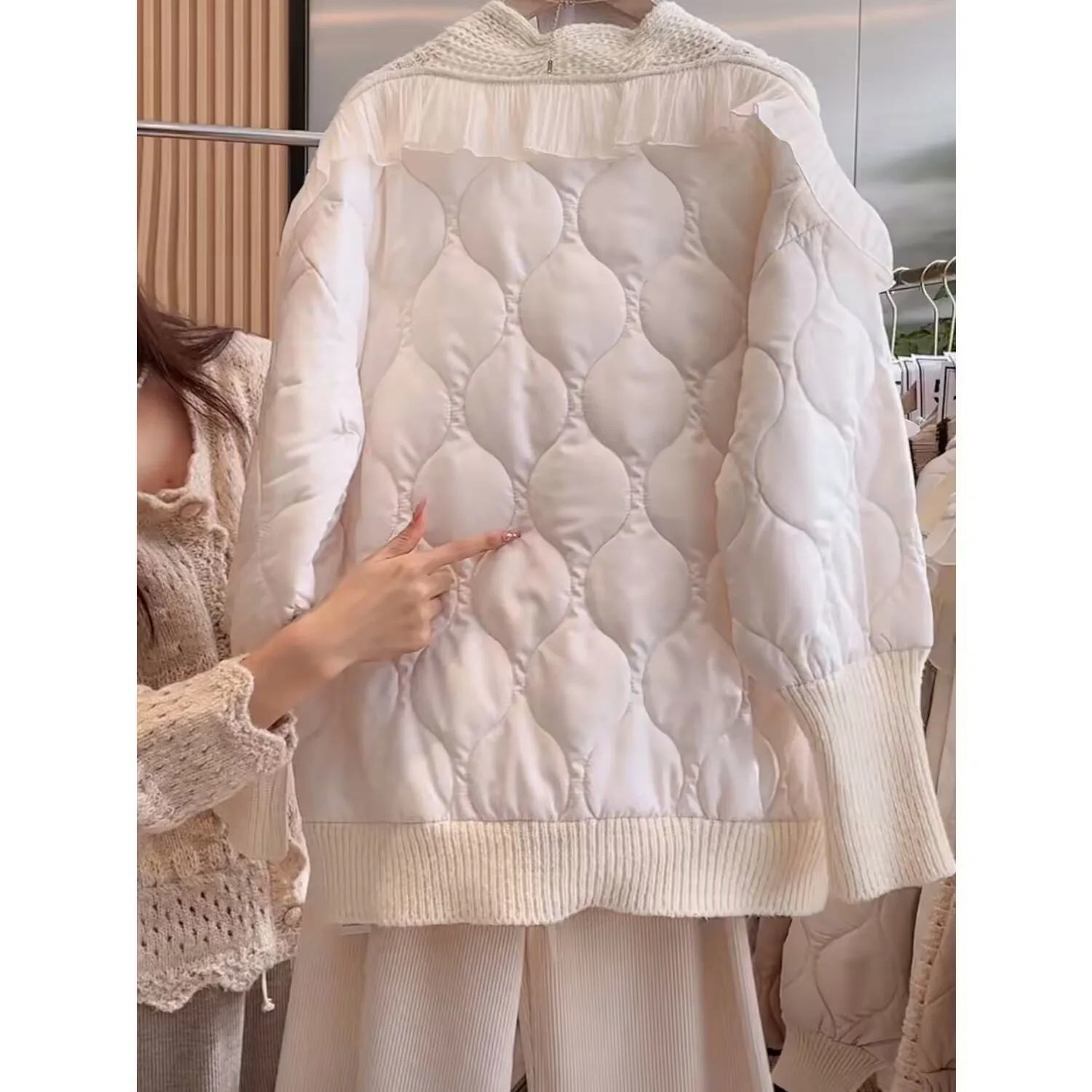 Womens Cotton Coat V-neck Lace Patchwork Sweater  Winter