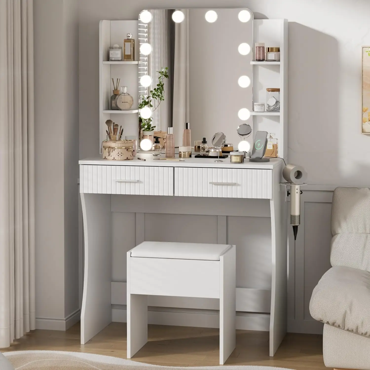 

Vanity Desk with LED Lighted Mirror, Makeup Vanity with 3 Adjustable Lights, 2 Large Drawers and 4 Open Shelves