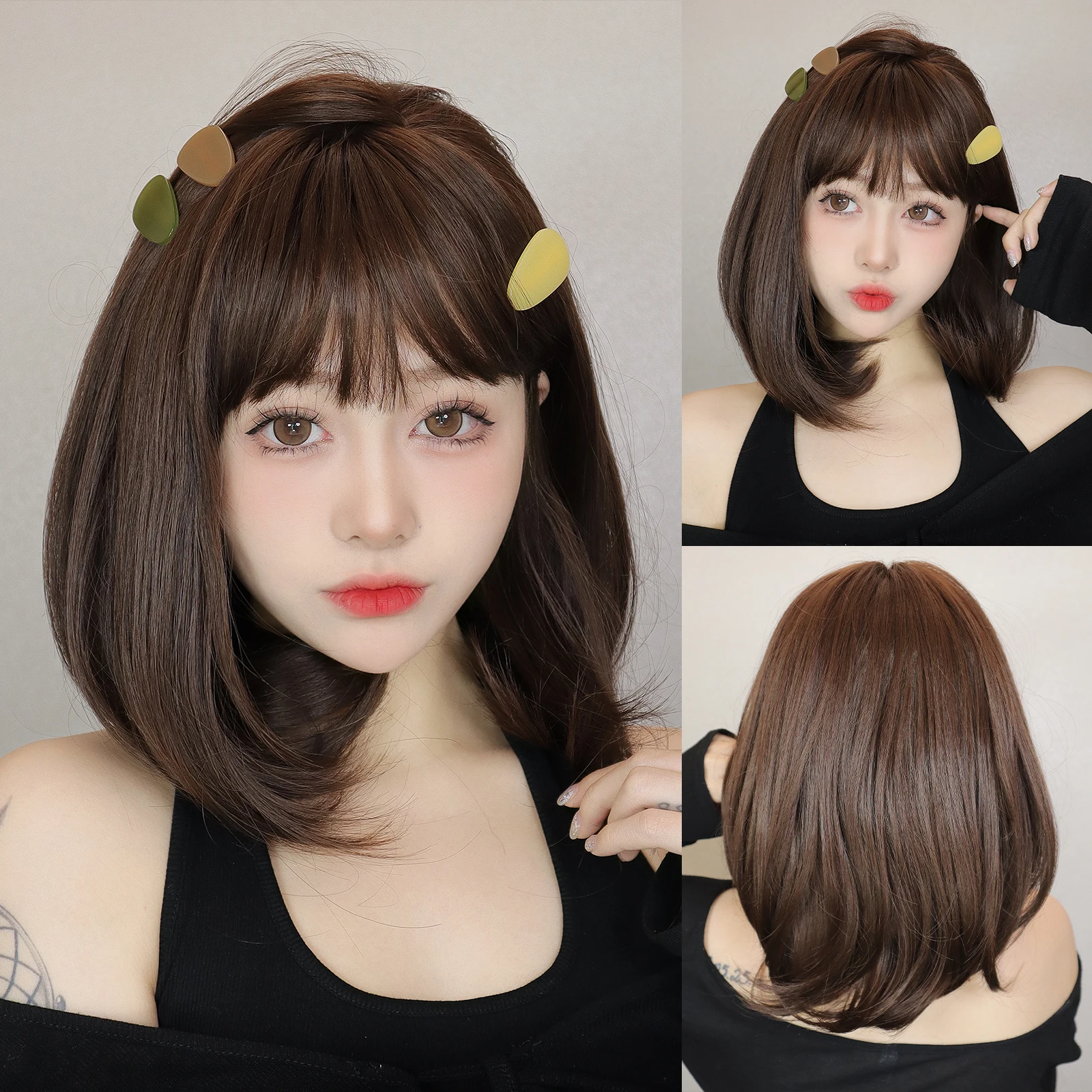 

Short Brown Wig With Bangs Straight Synthetic Wigs for White Women Natural Looking Daily Date Use Fake Hair Heat Resistant Fiber