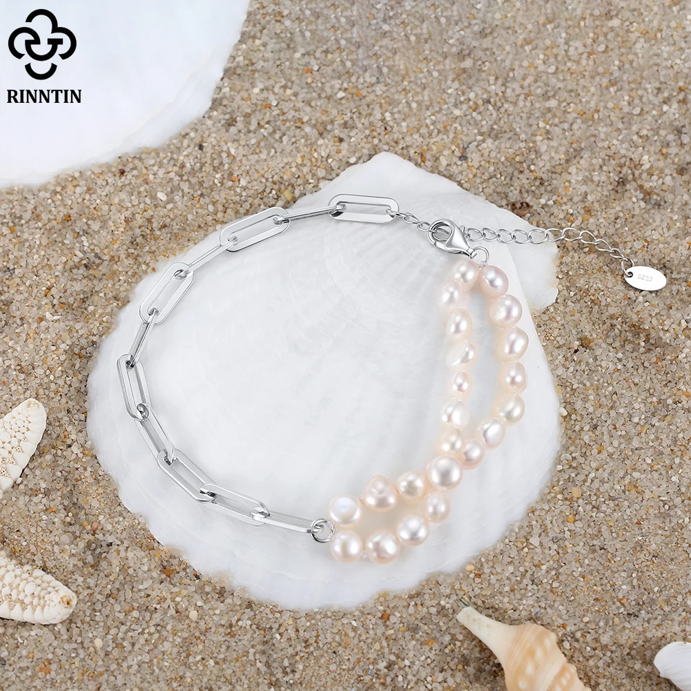 Rinntin 925 Sterling Silver Natural Baroque Irregular Freshwater Pearl Bracelet Paperclip Chain Female Charm Bracelet GPB04