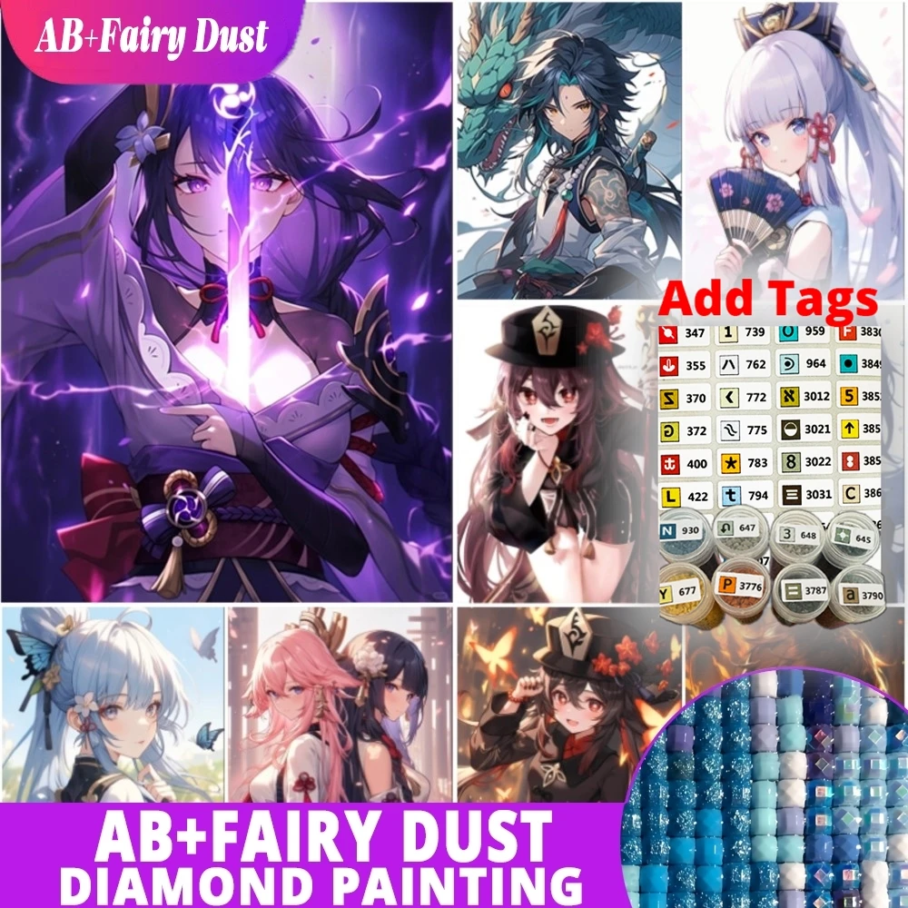 

Fairy Dust AB Comes with DMC stickers Genshin Impact Raiden Shogun Diamond Painting 5D Xiao HuTao FullMosaic Art Picture DIY Keq