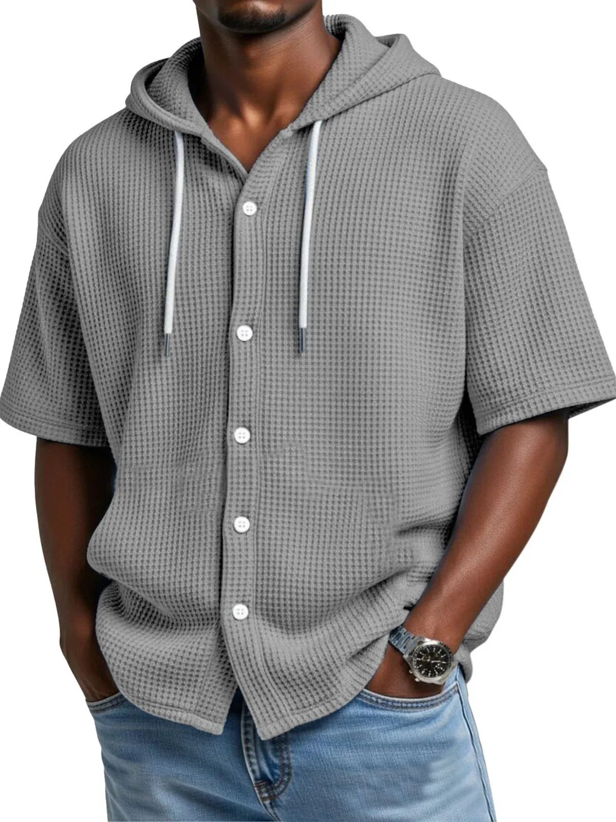 Waffle Shirt for Men Hooded Short Sleeve Solid Color Breathable Lightweight Drawstring Design Shirts Casual Basic Tees