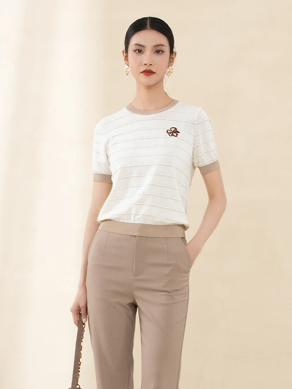 

Женская трикотажная туника Shimeng с круглым вырезом, коротким рукавом, ажурной вышивкой, приталенная, весна-лето, модная