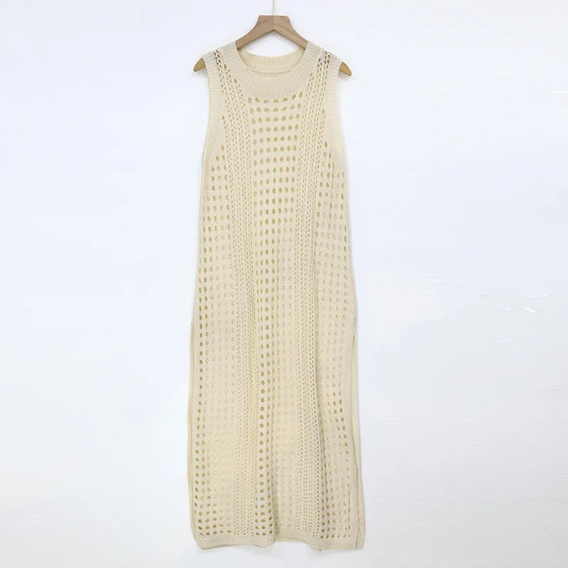 Summer Hollow Knitted Tank Top 2024 Solid Color Layered Seaside Long Dress Round Neck Beach Dress Cover Up Split Sleeveless