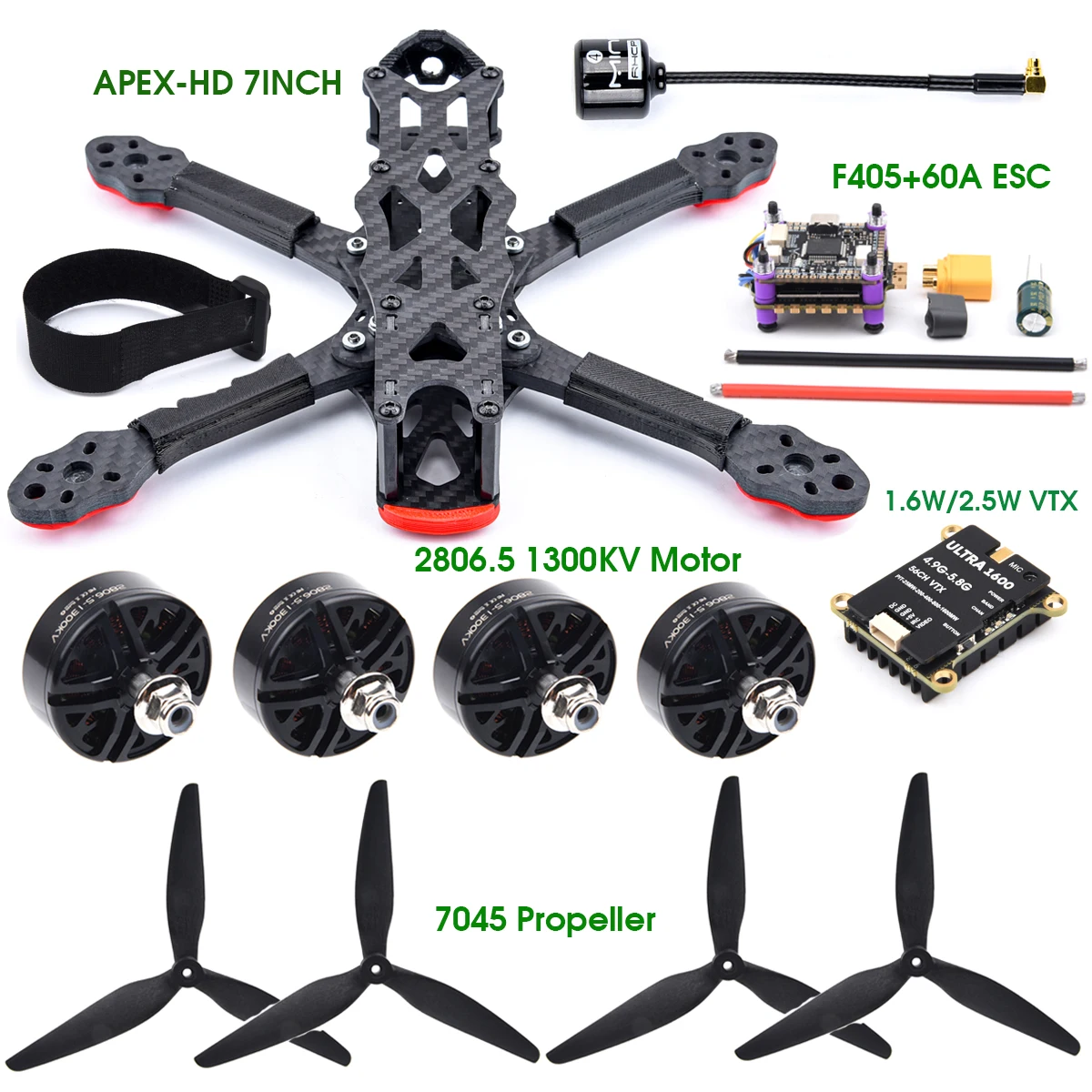 7inch 295mm Carbon Fiber Frame F405 F4 Flight Control 60A 4in1 ESC 2807 1300KV Motor for APEX-HD APEX FPV Racing Frame