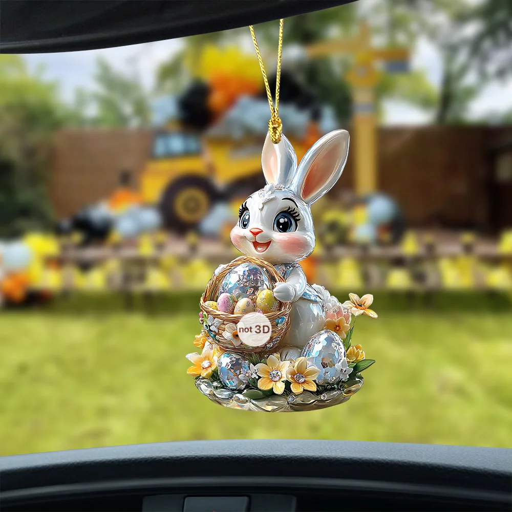 Acrylic 2D Flat Easter Rabbit Egg Keychain Charm Car Backpack Hanging Pendant Easter Party Decoration Kids Gift