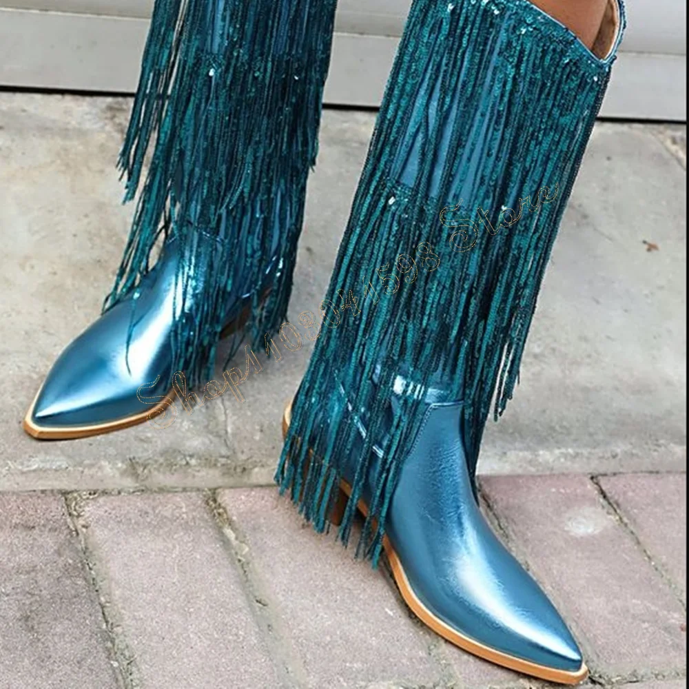 Sequin Tassel Decor Mid Calf Boots Chunky High Heels Pointed Toe High Heel Shoes for Women Heels 2024 New Zapatos Para Mujere