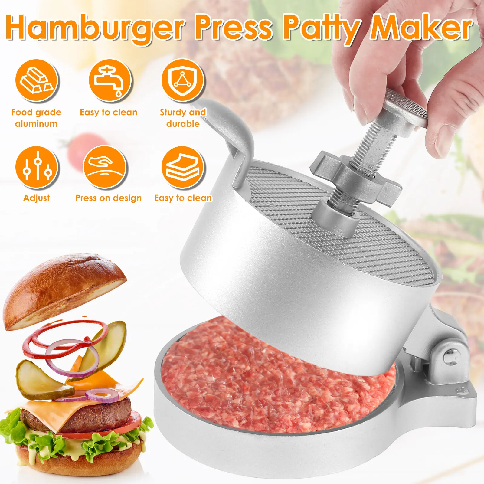 Burger Press Adjustable Hamburger Patty Maker Heavy-Duty Aluminum Alloy Patty Maker Makes Patties From 1/4 Lb To 3/4 Lb