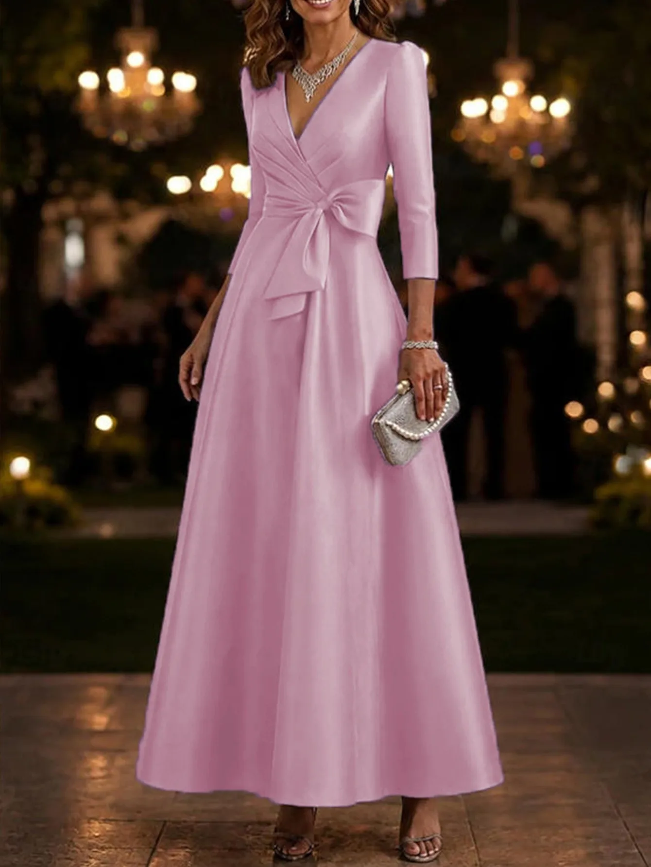 a Line Three Quarter Sleeve Gown Maxi Length Casual with Elegant Fitted Slim Fit Zipper V Neck Dress for Graduation for Women