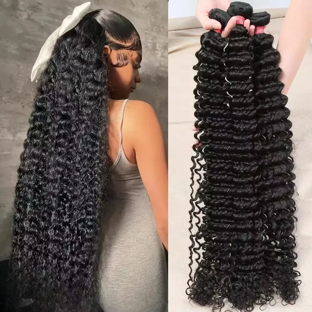 Malaysian Human Hair Bundles Deep Wave 3-4 Bundles 28-32 Inch Virgin Remy Curly Hair Extensions for Women Sew-In Quick Weave