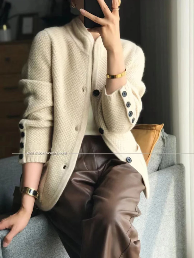 New hot high-end women\'s knitting cardigan cashmere wool sweater long sleeve half high collarsolid women\'s 100% wool sweater