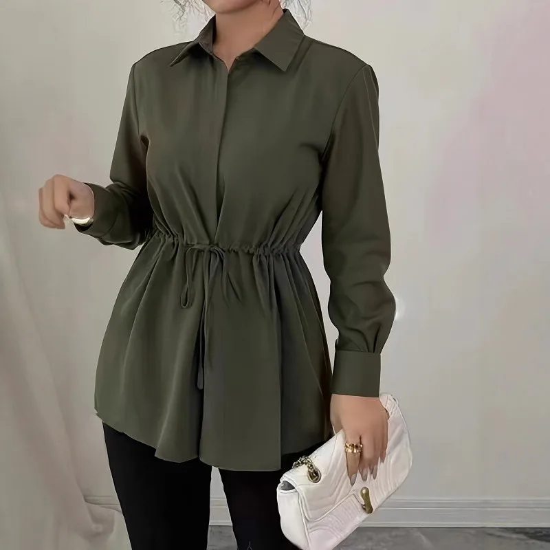 

Lemongor Women's Solid Color Button Down Blouse Long Sleeves Drawstring Office Casual Elegant Slim Fit Tunic Tops Shirts