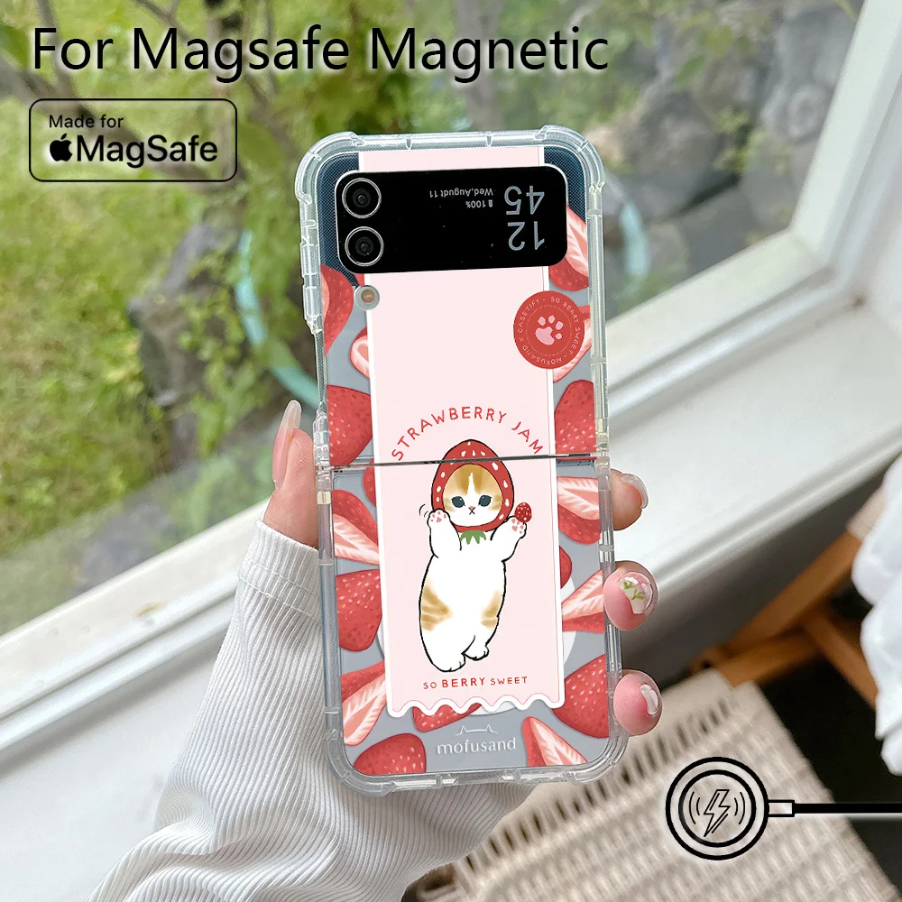 Cartoon M-Mofusands cat Magsafe Magnetic Phone Case for Samsung Galaxy Z Flip 3 4 Z Flip 5 6 Z 5G Soft Transparent Back Cover