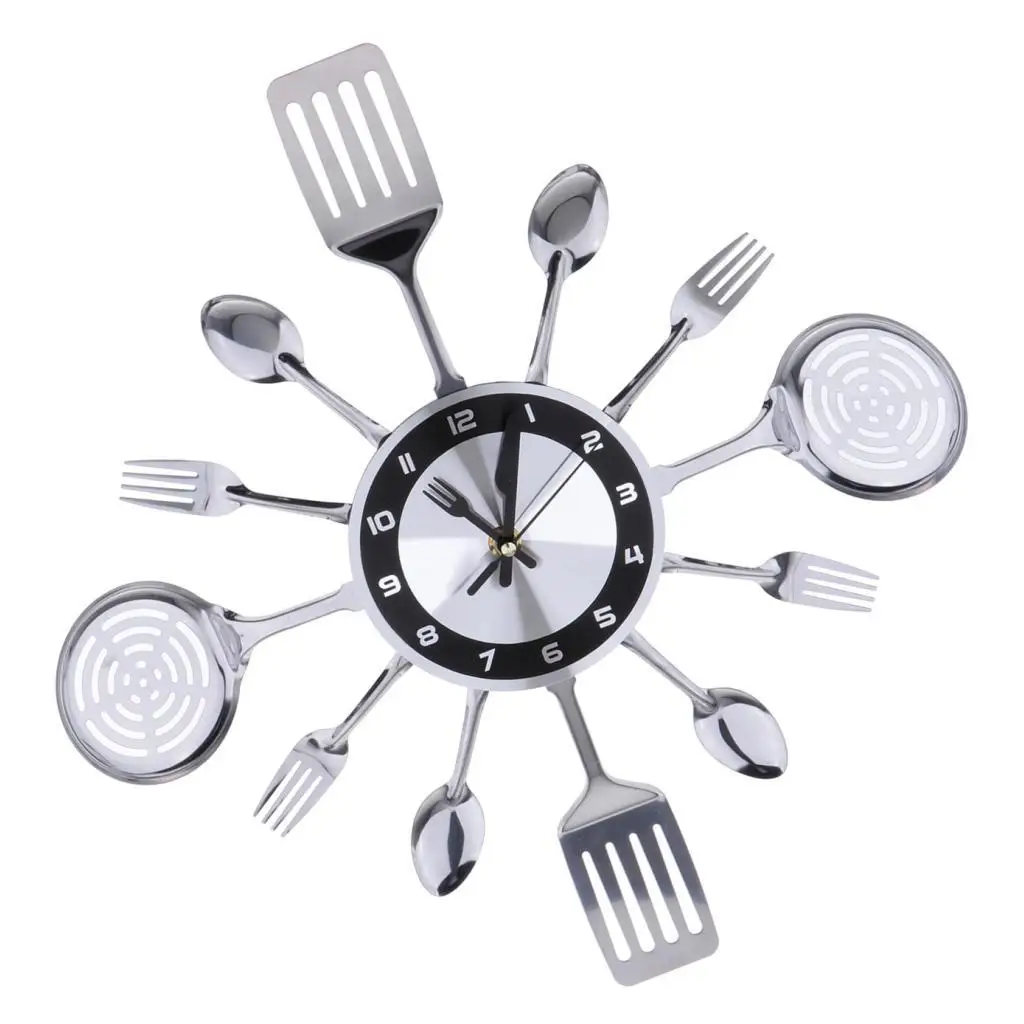 Kitchen Wall Clock Acrylic Decor Stainless Steel Spoon Fork Wall Clock for Children’s Room Office Hotel Gift
