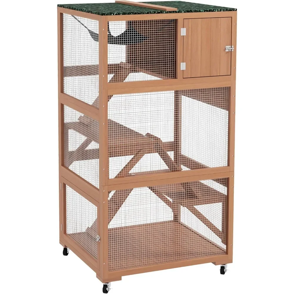 Outdoor Cat Enclosure House, Wooden Feral Cat Shelter on Wheels, Cat Cage with Hammock, Platforms Ramps,