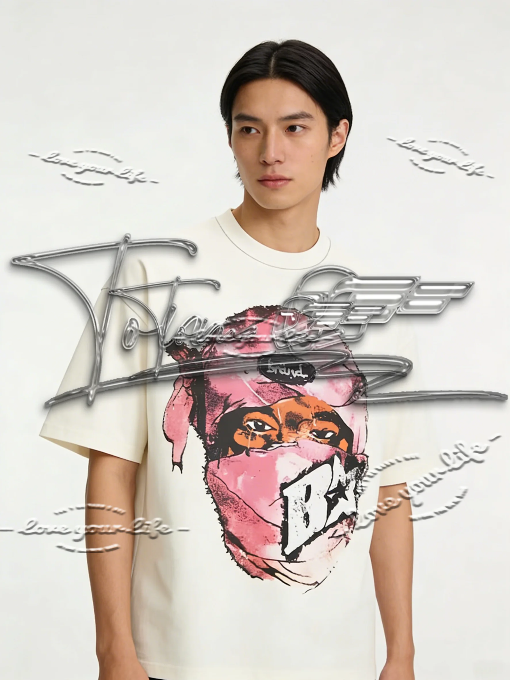 

Vintage Masked Figure Graphic Letter Print Round Neck Short Sleeve Casual Street Fashion Loose Women'S T-Shirt