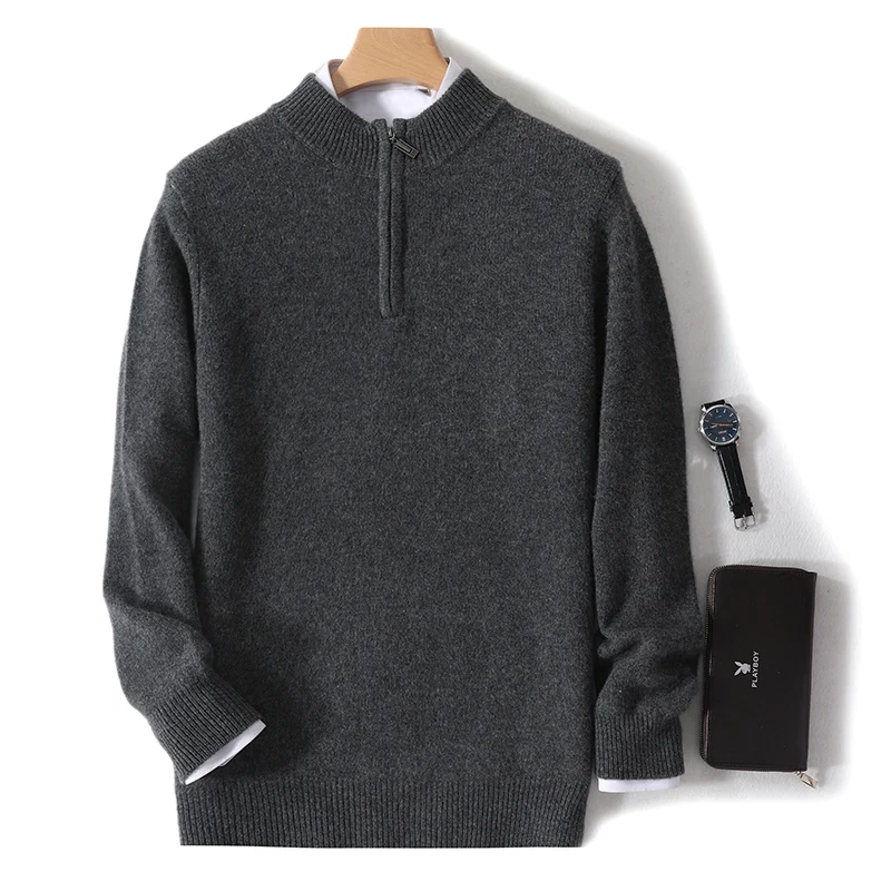 Men's Mock Neck Sweater 100% Merino Wool Knitwea Pullovers Simple Zipper Tops Basic Soft Comfort Warm Chic Casual Long Sleeve