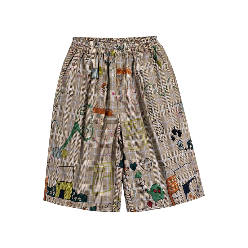 Loose Style Kids Summer Plaid Shorts with Drawings for Tween Boys Relaxed Fit Short Pants Teenage Child Fashion Street Shorts