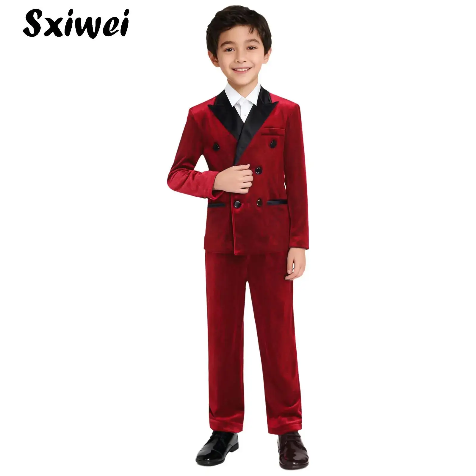 Boys Formal Velvet Suit Wedding Birthday Party Costume Lapel Long Sleeve Blazer Jacket +Long Pants Kids Elegant Gentleman Outfit