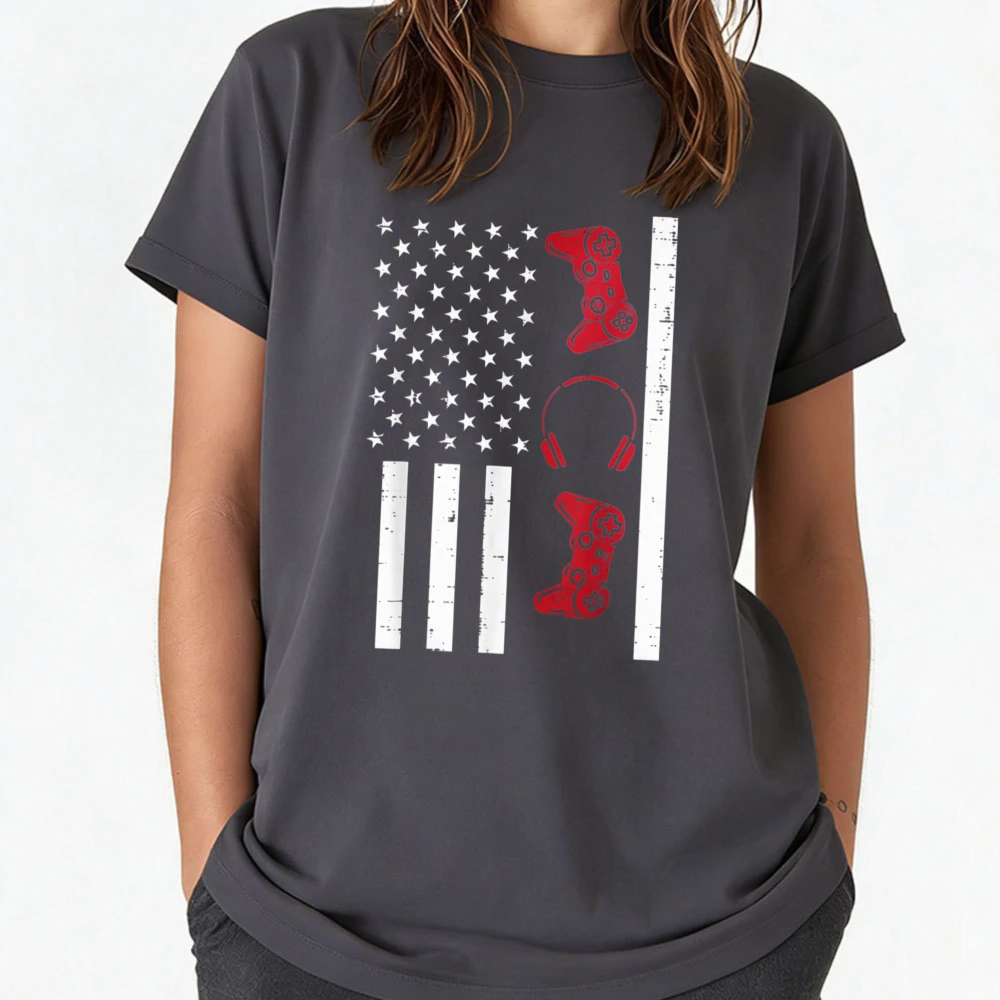 US Flag Gamer Controller 4th of July Patriot Boys Men Cotton T-Shirt Gaming Enthusiast Daily Wear Gift Egular Short Sleeve Tees