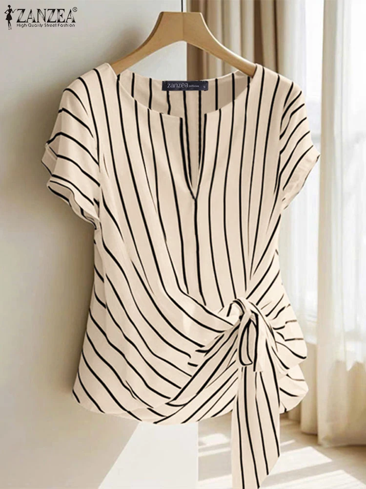 ZANZEA Fashion Stripe Blouse 2025 Summer Women V Neck Short Sleeve Tops Elegant Work OL Shirt Casual Loose Blusas Female Chemise
