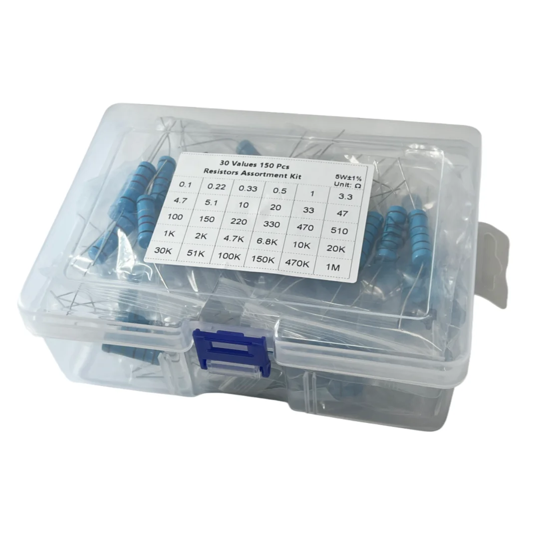 A set of 30 commonly used 5W metal film resistors with 1% accuracy, 5 of each type, totaling 150 resistors.